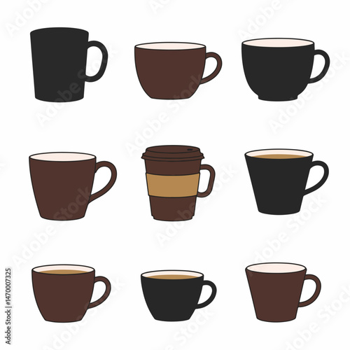 Coffee Cups Collection: A neatly arranged collection of coffee cups in various styles and colors, each filled with a rich, aromatic brew, ready to provide a moment of caffeine-infused bliss.