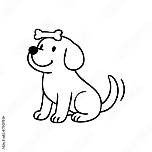 A focused dog sitting still with a treat on its nose or head, tail wagging in anticipation.