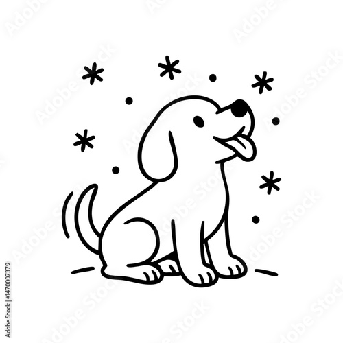 A playful dog with its head tilted up, tongue out, trying to catch falling snowflakes, drawn in a joyful thin-line style.