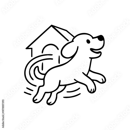 A dog running wildly in circles with exaggerated motion lines, ears flopping and big smile, full of chaotic joy.