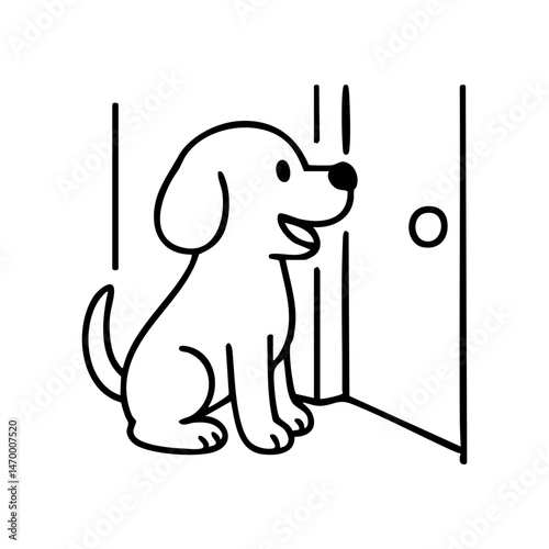 A dog jumping up with wagging tail and happy face as the door opens, captured in motion with expressive line art.