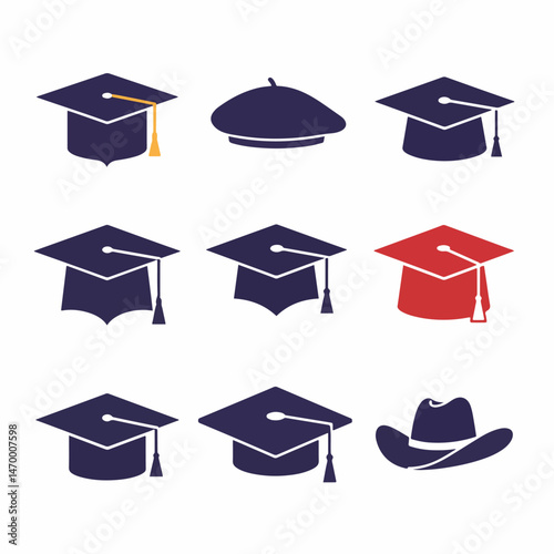 Academic Regalia Array: A clean array showcases various academic caps and hats, symbolizing the diversity of education and achievement. A minimalist.