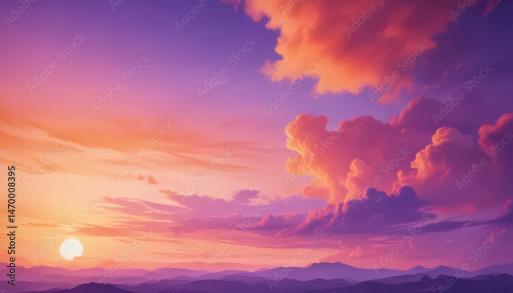 Obraz premium Dreamy sunset sky, vibrant orange and purple watercolor blend , wash, beautiful