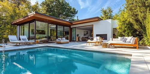 Modern country house with a terrace and swimming pool, garden furniture near glass doors to the living room of a modern home exterior in the city, an open-air place concept. Realistic 3D rendering