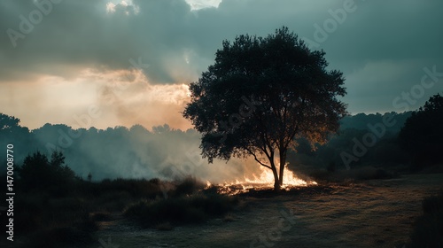 Solitary Tree in Smoky Forest After Wildfire During Early Morning Light
