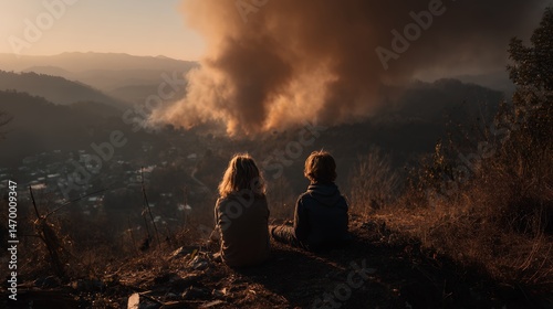 Children Watching Wildfire Smoke Plume Rise Over Hills From Safe Distance