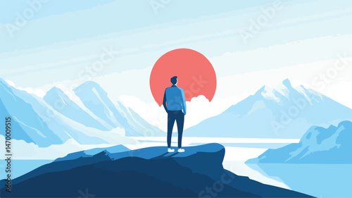 Man On Mountain Peak Contemplating Landscape At Sunrise Vector Illustration For Success And Achievement Concepts