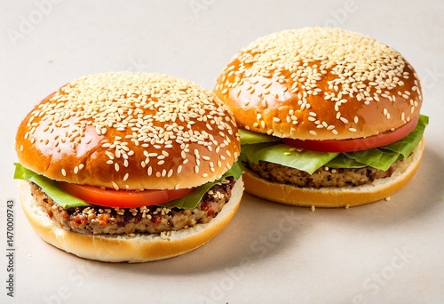 Two hamburgers with cheese and lettuce on a wooden table.