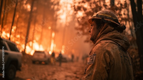 Firefighter Observing Wildfire in Forest With Trucks and Burning Trees
