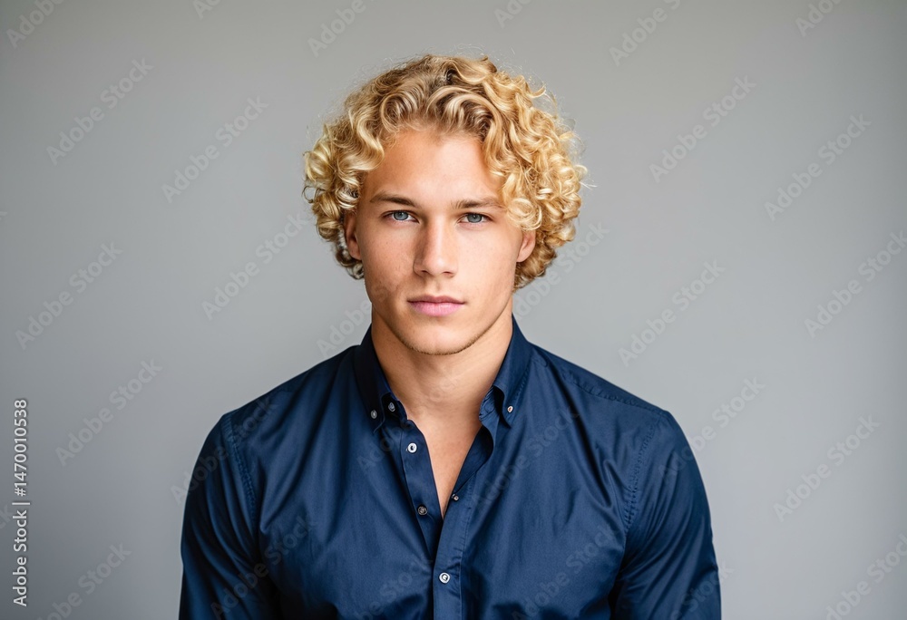A young man with curly blonde hair wearing a blue shirt. A young man with curly blonde hair wearing a blue shirt.