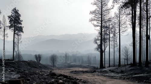 Scorched Forest After Wildfire With Charred Trees and Misty Morning Fog
