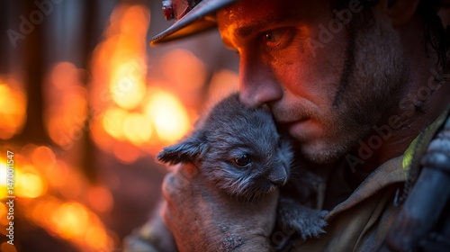 Firefighter Comforting Rescued Koala During Forest Wildfire Relief Operation