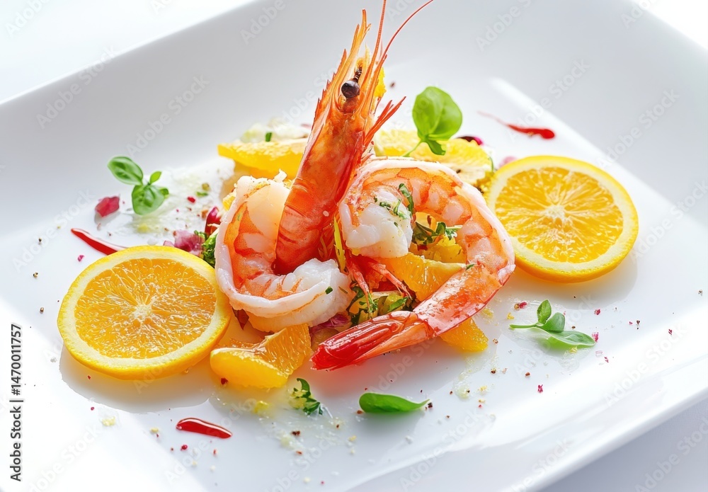 Freshly prepared shrimps ceviche with citrus slices