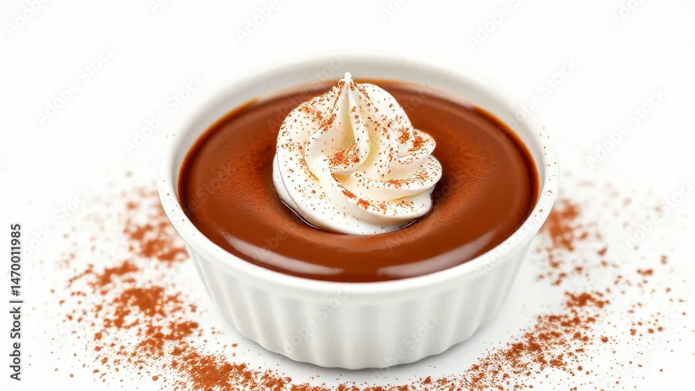 Delicious chocolate mousse with whipped cream and cocoa garnish in white ramekin Delicious chocolate mousse with whipped cream and cocoa garnish in white ramekin