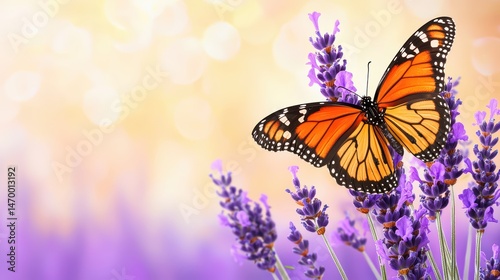 Orange monarch butterfly sitting on lavender flowers in a soft colorful garden background