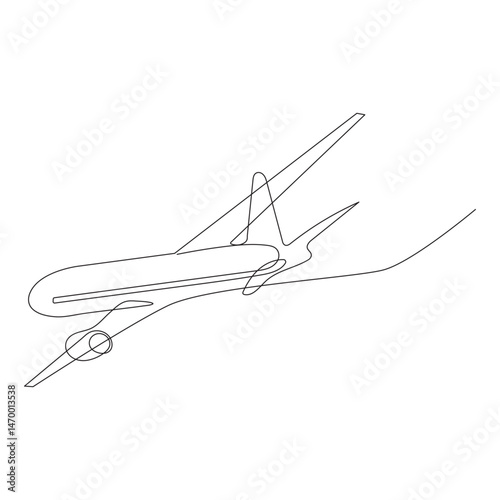 Continuous single line of Airplane path with flight route and starting point location.One line airplane route with start point and trace.
