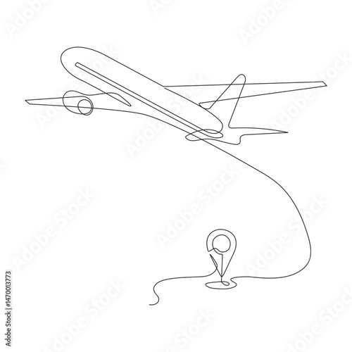 Continuous single line of Airplane path with flight route and starting point location.One line airplane route with start point and trace.