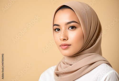 A woman wearing a headscarf is looking at the camera.