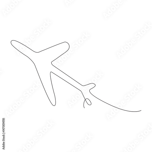 Continuous single line of Airplane path with flight route and starting point location.One line airplane route with start point and trace.