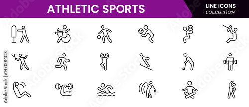 Athletic Sports Icons vector illustration with thin line editable stroke contain medal, football, basketball, cycling, athlete, racket, table tennis, sparing, cardio, gym, weight training, golf, 
