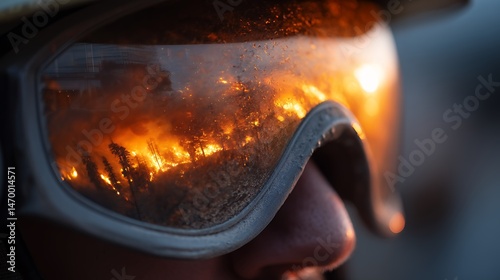 Reflected Wildfire in First Responder’s Protective Goggles During Rescue Operation