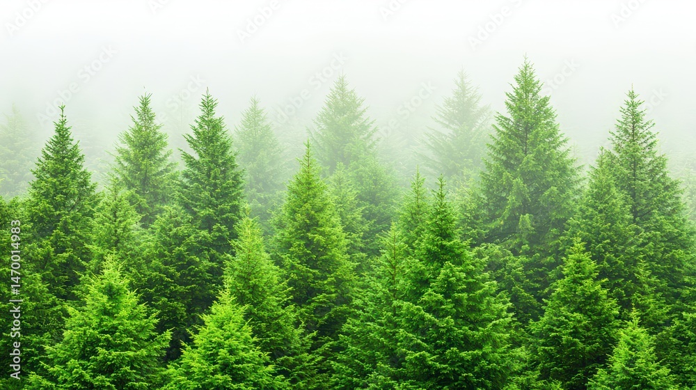 Fototapeta premium Lush evergreen forest with dense fog covering pine trees in a serene natural setting