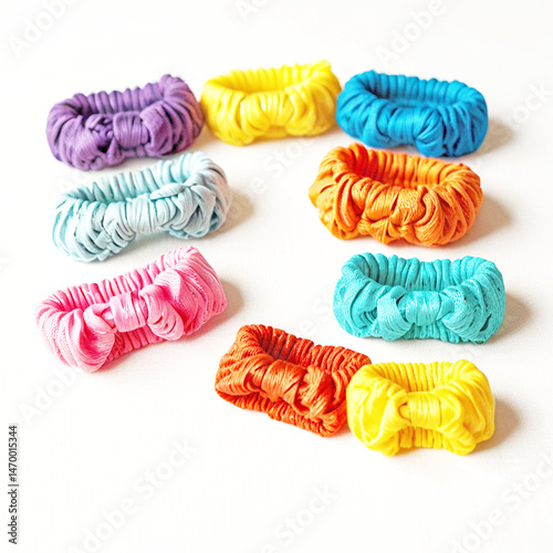 Collection of colorful hair ties, thick, woven hair ties in various bright colors including yellow, red, blue, green, purple, pink and black on a white background.
