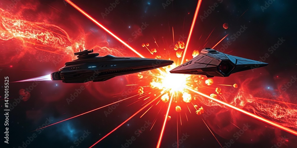 Naklejka premium Starships clash, lasers crisscross, explosions illuminate nebula, beam, galaxy