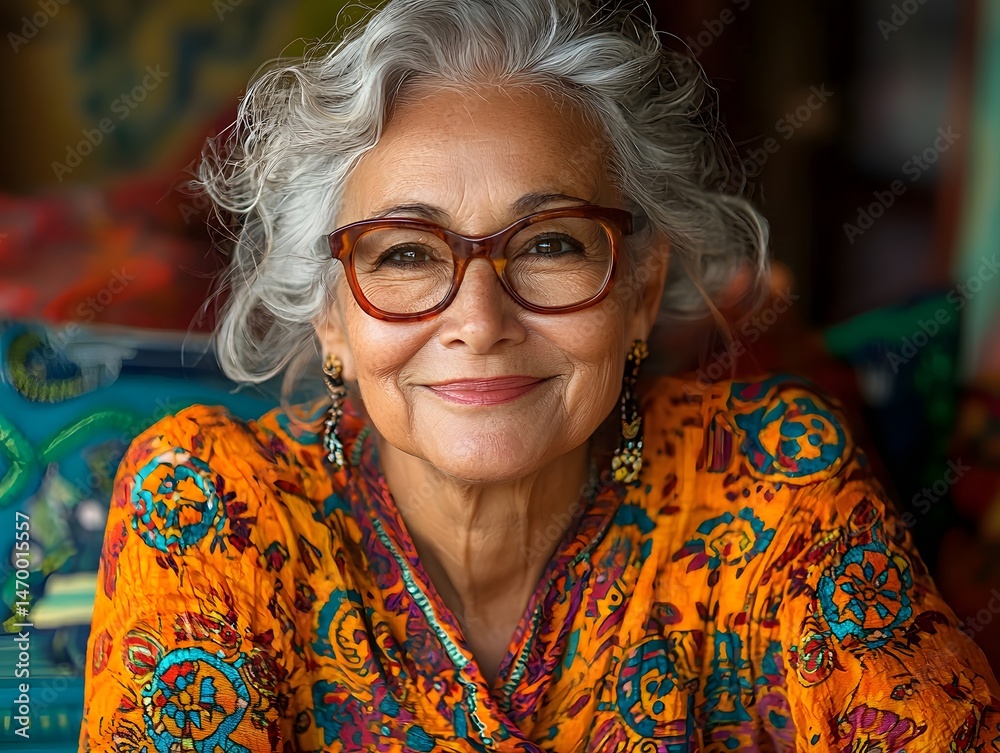 Radiant senior woman in traditional dress smiles warmly