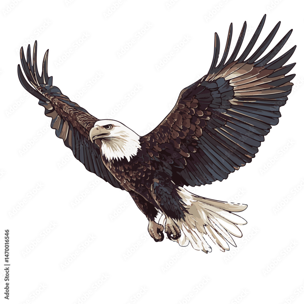 Fototapeta premium Majestic Bald Eagle Illustration With Open Wings Against White Background For Design Projects And Patriotic Themes