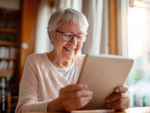 Smiling elderly woman using a digital tablet by the window, representing active aging, connection, and tech engagement.

