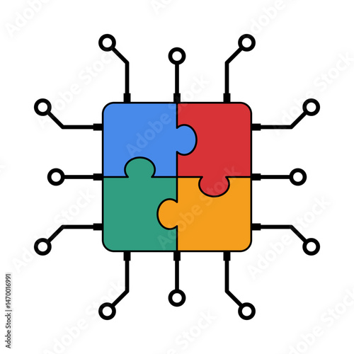 Puzzle Shaped Microchip Vector Illustration. A vector illustration of a microchip designed in the shape of a four piece puzzle. Each puzzle segment is a different color.