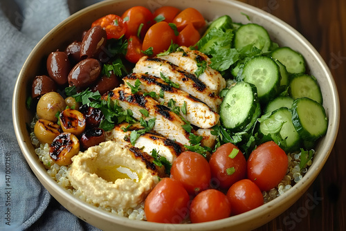 Mediterranean bowl featuring grilled chicken, hummus, cherry tomatoes, cucumbers, green and Kalamata olives, fresh herbs, and quinoa photo