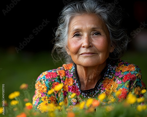 Serene senior woman amidst a field of vibrant wildflowers