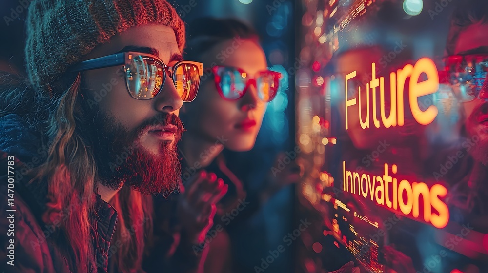 A diverse team brainstorming future innovations on a digital screen