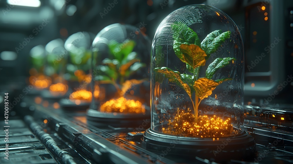 Futuristic laboratory with thriving plants in glass domes