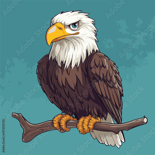 Cartoon Bald Eagle Perched On Branch With Detailed Feather Texture And Intense Gaze