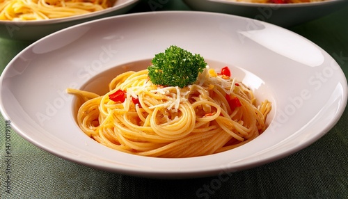Cheese And Pepper Spaghetty With Green Garnish In White Bowls meat