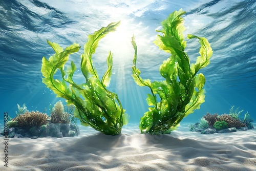 Vibrant green seaweed undercurrent coral reef photorealistic image underwater sunlit viewpoint