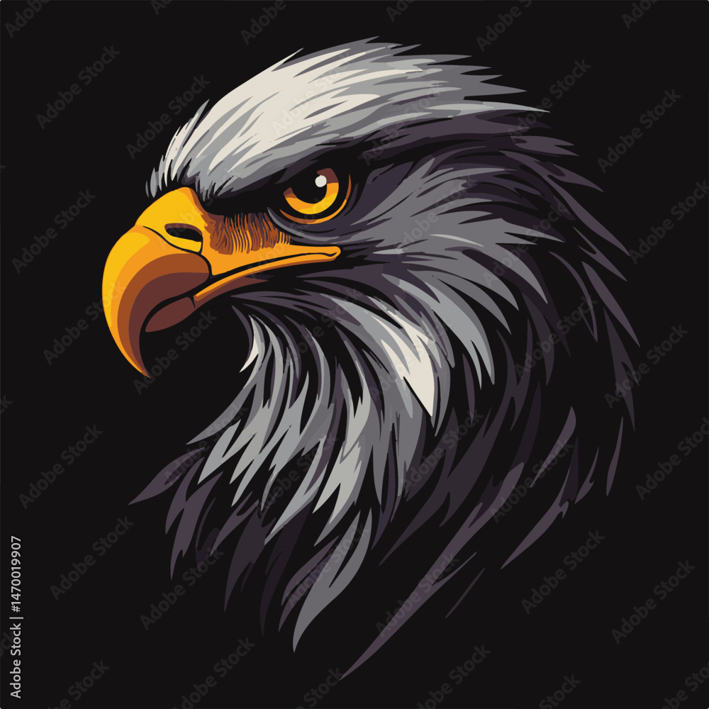 Fototapeta premium Vector Illustration Of An American Bald Eagle Head With Golden Beak Isolated On Black Background