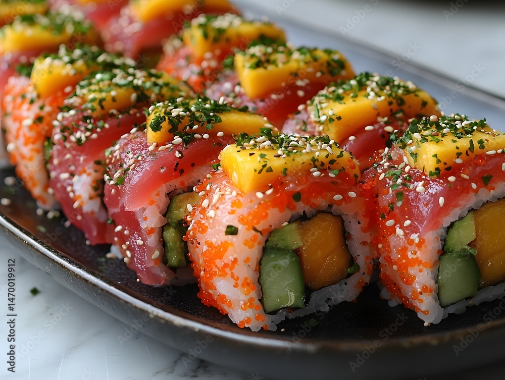 Vibrant Sushi Platter with Assorted Rolls and Fresh Ingredients
