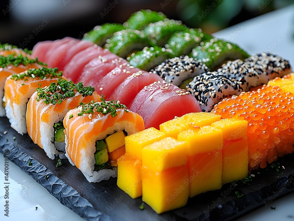 A vibrant sushi platter showcasing colorful rolls with avocado tuna mango and bright orange tobiko