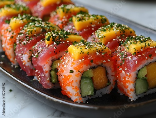 Obraz na płótnie Vibrant Sushi Platter with Assorted Rolls and Fresh Ingredients w salonie