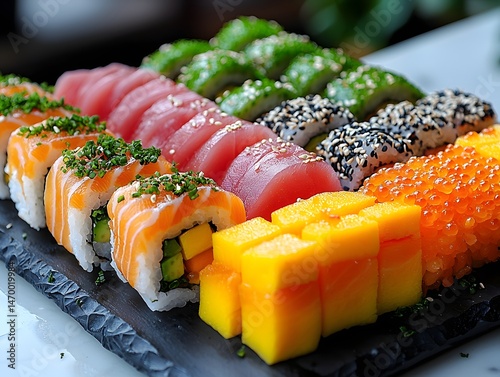 Obraz na płótnie A vibrant sushi platter showcasing colorful rolls with avocado tuna mango and bright orange tobiko w salonie
