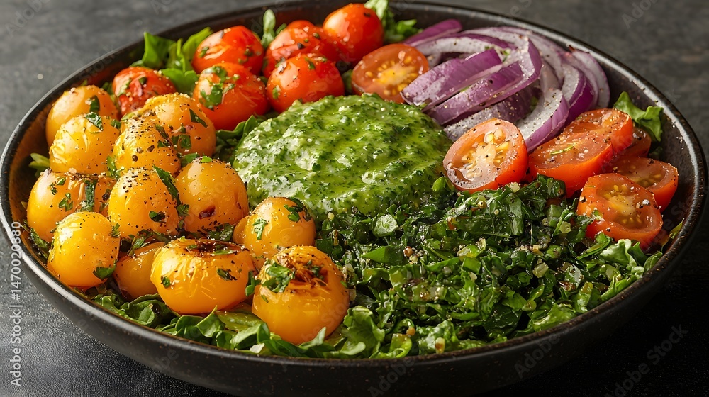 Fresh and colorful salad with mixed greens vibrant vegetables and creamy dressing