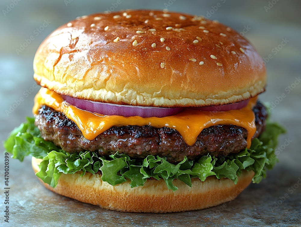 A gourmet burger with a golden brioche bun and fresh toppings