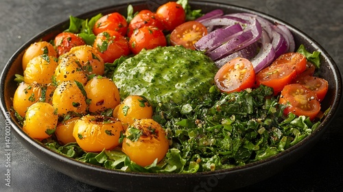 Obraz na płótnie Fresh and colorful salad with mixed greens vibrant vegetables and creamy dressing w salonie