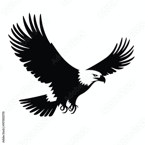 Striking Bald Eagle Silhouette In Flight Vector Illustration Isolated On White Background Symbol Of Freedom