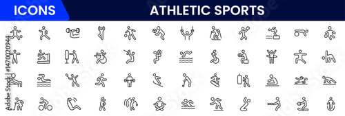 Athletic Sports Icons vector illustration with thin line editable stroke contain medal, football, basketball, cycling, athlete, racket, table tennis, sparing, cardio, gym, weight training, golf 