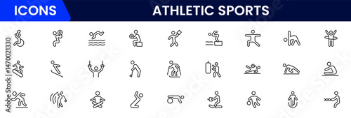 Athletic Sports Icons vector illustration with thin line editable stroke contain medal, football, basketball, cycling, athlete, racket, table tennis, sparing, cardio, gym, weight training, golf 